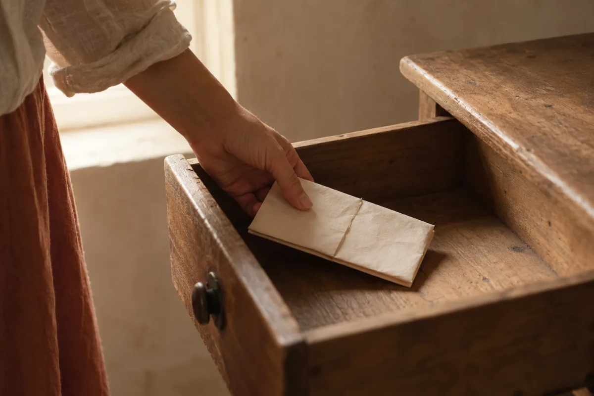 Mano guardando una carta doblada en un cajón
