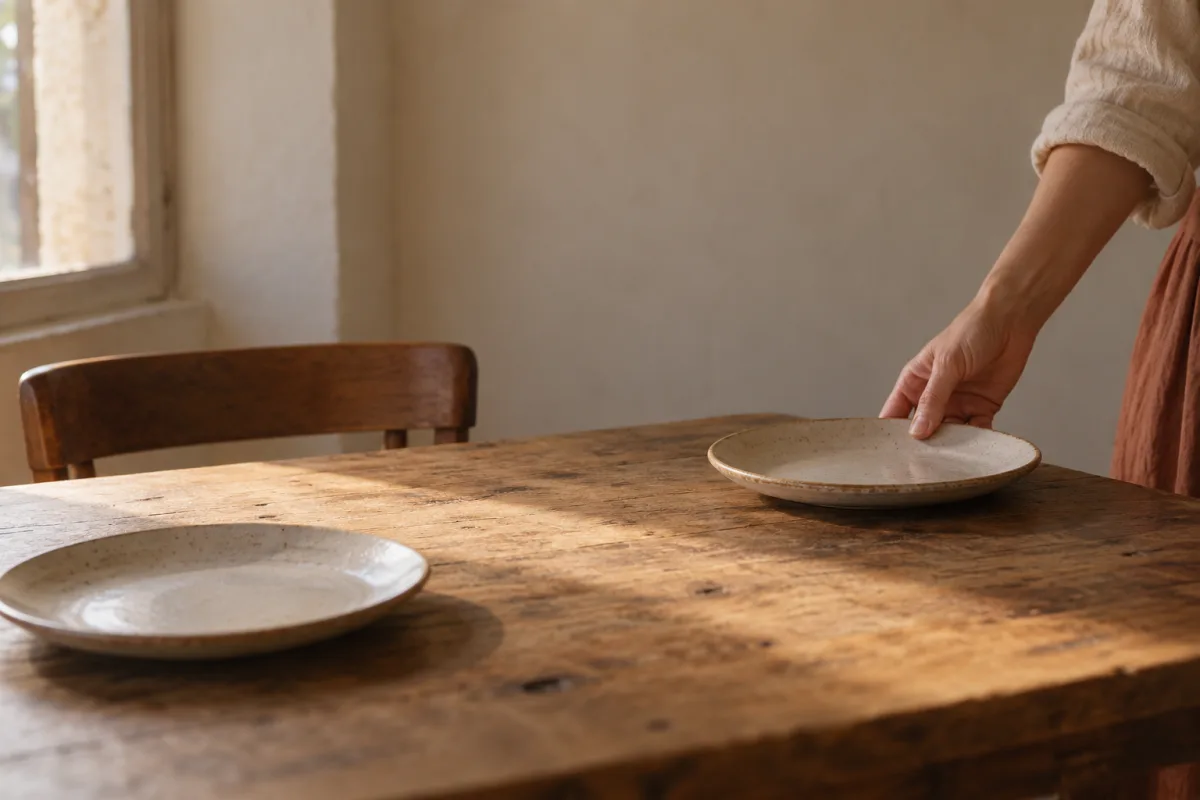 Mano colocando un segundo plato en una mesa