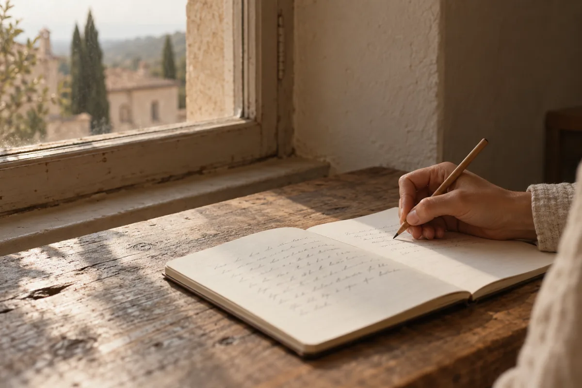 Mano escribiendo en un cuaderno junto a una ventana