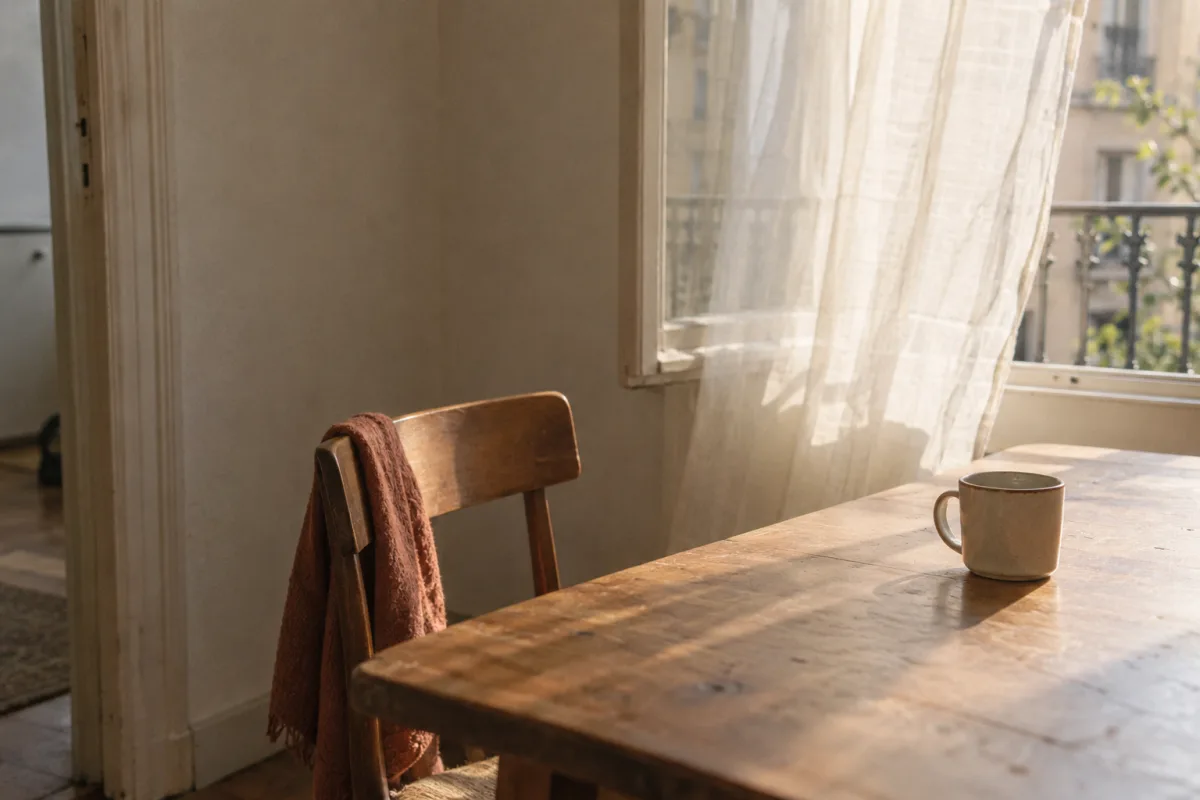 Habitación serena con una silla vacía y luz natural