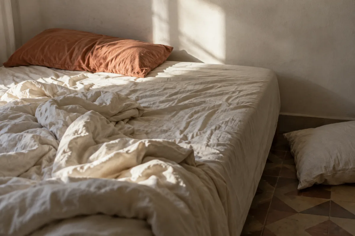 Cama deshecha con una almohada en el suelo