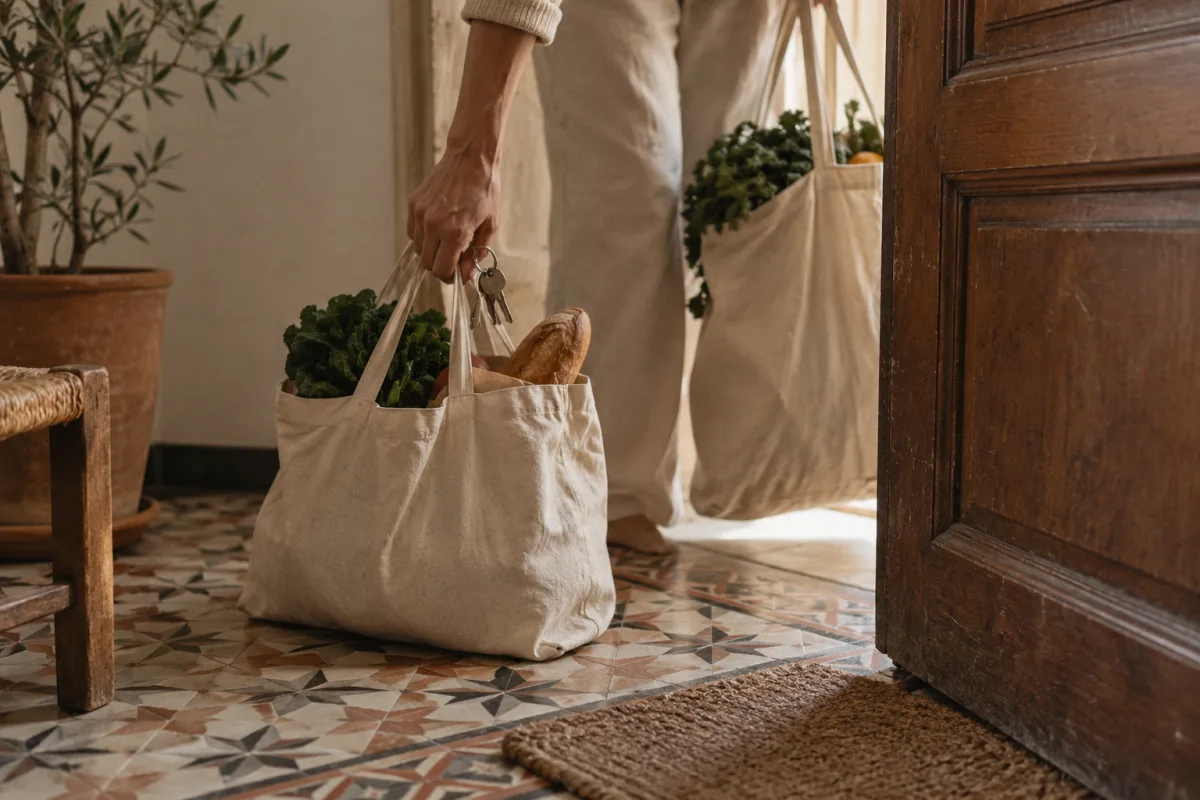 Persona entrando en casa cargada con bolsas y llaves